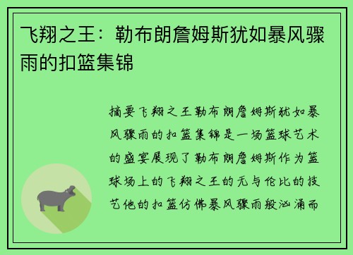 飞翔之王：勒布朗詹姆斯犹如暴风骤雨的扣篮集锦